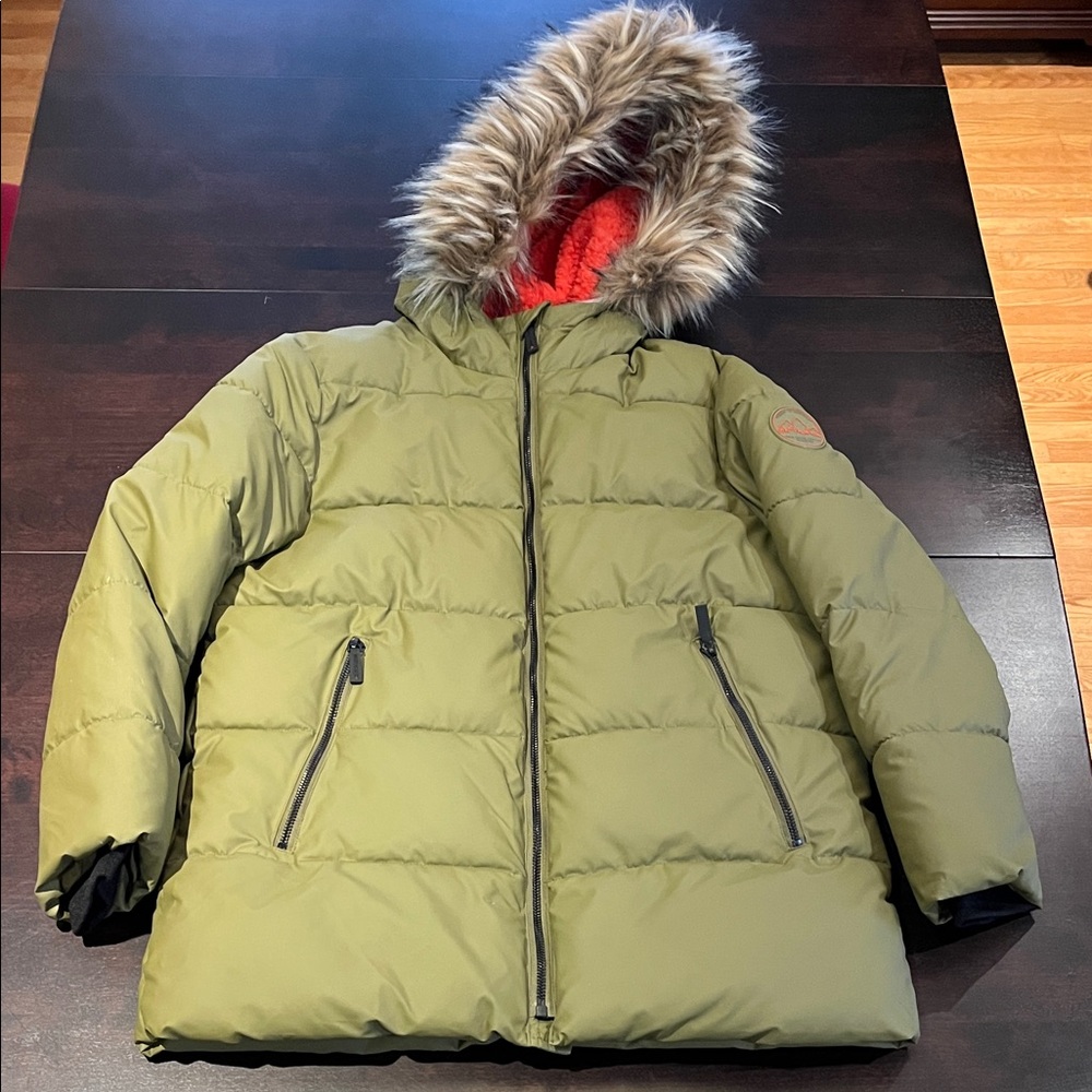 ZARA Olive Green Puffer Jacket with Faux Fur Hood (Youth 11-12)
